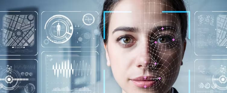 Rosto de mulher sendo escaneado por linhas digitais de reconhecimento facial, ilustrando a tecnologia de biometria para pagamentos e segurança.