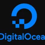 Logotipo da DigitalOcean sobre um fundo azul com ondas digitais, ilustrando a plataforma de hospedagem cloud.