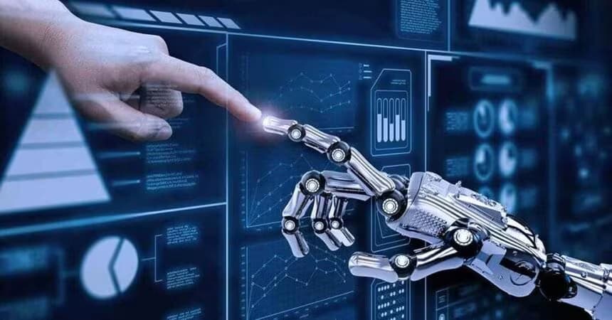 Dedo humano tocando dedo robótico simbolizando colaboração de RPA e IA em dashboards digitais.